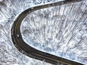 An aerial view of Camillien-Houde Way on Mount Royal