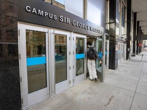 A person goes through the doors of a university with a sign that says: Campus Sir George Williams.