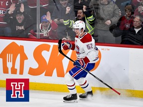 A hockey player celebrates a goal in front of fans