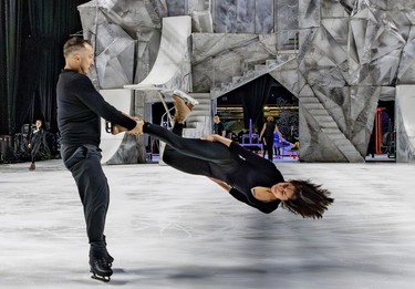 Dmitry Semykin spins Hjordis Lee during rehearsals for the new Cirque du Soleil ice show Crystal at the Bell Centre in Montreal on Thursday, Dec. 21, 2023.