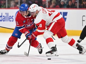 Brendan Gallagher #11 of the Montreal Canadiens and Andrew Copp #18 of the Detroit Red Wings skate after the puck during the second period at the Bell Centre on December 2, 2023 in Montreal, Quebec, Canada.