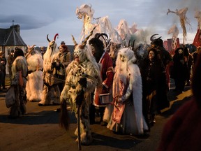 Participants parade through the streets during the annual Whitby Krampus run on December 02, 2023 in Whitby, England.