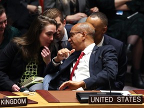 US Deputy Ambassador to the UN Robert Wood talks with his staff during a United Nations Security Council meeting.