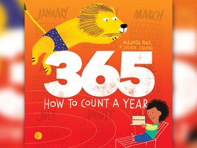 The illustrated cover of a children's book depicts a lion in pants jumping over the title 365 How to Count a Year, underneath which a child holds a piece of birthday cake.