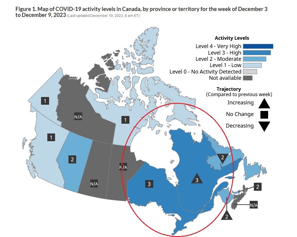 Map shows COVID activity levels in Canada for Dec. 3-9, 2023. It is highest in Quebec