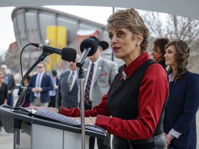 Calgary Mayor Jyoti Gondek speaks at an announcement in Calgary on April 25, 2023.