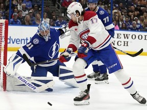 Tampa Bay Lightning goaltender Jonas Johansson makes a save on a shot by Canadiens' Josh Anderson (17) on Sunday, Dec. 31, 2023, in Tampa, Fla.