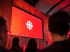 The CBC logo is projected onto a screen during the CBC's annual upfront presentation at the Mattamy Athletic Centre in Toronto on May 29, 2019.