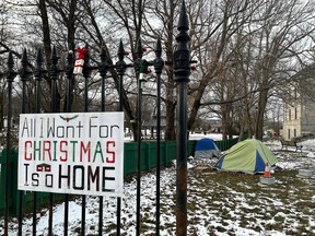 A tent is shown in an encampment in front of the Colonial Building in St. John's, Friday, Dec. 1, 2023.