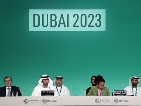 COP28 president Sultan al-Jaber, second from left, speaks during a plenary session at the COP28 UN Climate Summit, Friday, Dec. 8, 2023, in Dubai, United Arab Emirates.