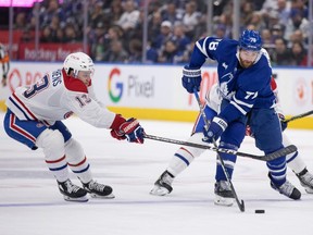 Canadiens forward Mitchell Stephens is seen reaching his stick to slow down MapleLeafs' TJ Brodie during a pre-season game last year in Toronto.