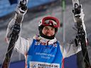 Mikaël Kingsbury of Quebec celebrates his win in the men's dual moguls World Cup competition on Feb. 4, 2023, in Park City, Utah.