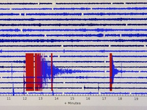 A seismograph report at Lick Observatory shows the readout of a magnitude 5.1 earthquake east of San Jose, Calif., Tuesday, Oct. 25, 2022.