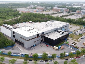 An aerial view of the Grifols facility in St-Laurent's Technoparc area.