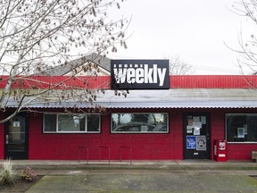 The red office building of the Eugene Weekly sits in Eugene, Ore., on Friday, Dec. 29, 2023.