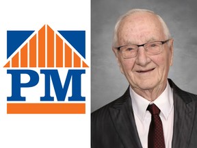Formal headshot photo of Patrick Morin next to a blue and orange "PM" logo