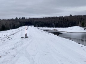 Authorities say that work carried out by government dam management engineers have stabilized the Morier dike in Laurentians region northwest of Montreal. A view of the dike is seen near the town of Chute-Saint-Philippe, Que., in an undated handout photo.