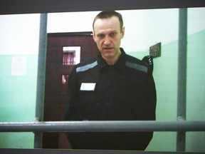 Russian opposition leader Alexei Navalny is seen on a TV screen.