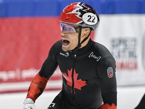 Jordan Pierre-Gilles of Sherbrooke reacts after winning the 500-metre final race at the World Cup short track speedskating event in Montreal on Oct. 28, 2023. Pierre-Gilles won gold on Saturday, Dec. 9, 2023, at the World Cup stop in Beijing.