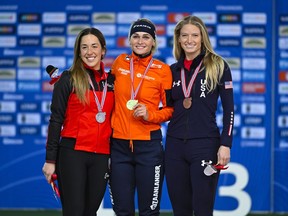 From left, second place Canada's Valérie Maltais, first place Netherlands' Irene Schouten and third place United States' Mia Kilburg-Manganello during World Cup skating event in Stavanger, Norway, on Friday, Dec. 1, 2023.
