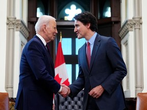 Prime Minister Justin Trudeau and U.S. President Joe Biden take part in a meeting on Parliament Hill, in Ottawa, Friday, March 24, 2023. Biden's visit to Ottawa was the centrepiece of what ambassador Kirsten Hillman calls a "watershed year" for Canada-U.S. relations.