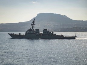 The guided-missile destroyer USS Carney in Souda Bay, Greece