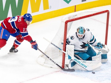 Montreal Canadiens' Mitchell Stephens tries to tuck in a wraparound shot behind San Jose Sharks goalie Mackenzie Blackwood