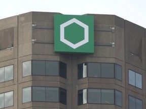 The Desjardins logo at the top of a building.
