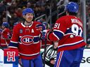 Mike Matheson of the Montreal Canadiens celebrates with Sean Monahan #91 after scoring against the Boston Bruins during the second period at TD Garden on Jan. 20, 2024