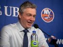Islanders coach Patrick Roy cracks a smile during press conference at the Bell centre before Thursday night's game against the Canadiens.  