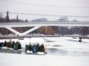 A layer of water lies on the closed ice surface of the Rideau Canal Skateway in January 2024.