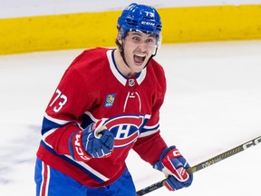 Lucas Condotta is seen shouting with joy and pumping his fist after scoring his first NHL goal last season.