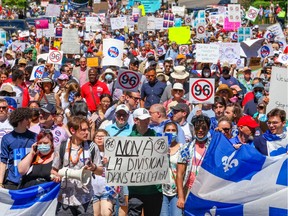 Photo shows Bill 96 protest in Montreal on May 14, 2022.
