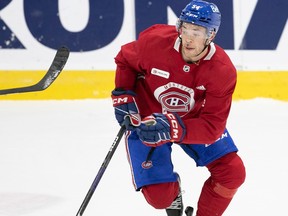 Montreal Canadiens Jordan Harris is seen during Habs training camp in Brossard on Sept. 21, 2023.