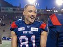 Alouettes reciever Austin Mack celebrates following the Canadian Football League East semi-final playoff victory against the Hamilton Tiger-Cats in Montreal Saturday Nov. 4, 2023.