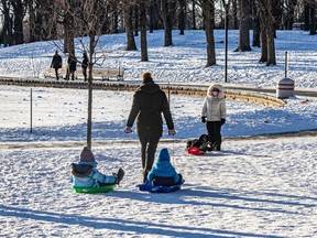 A mother and children on sleds in a Montreal park.