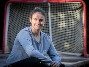 Léonie Philbert, photographed at home on Dec. 22, 2023, is assistant captain of the Concordia Stingers women's hockey team and says she has benefitted from the English-language education she received at Dawson College and at Concordia.