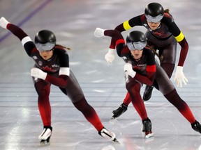 Valérie Maltais of La Baie, Ivanie Blondin and Isabelle Weidemann of Canada compete in the Team Pursuit Women race during the ISU World Speed Skating Championships at Thialf Ice Rink on March 3, 2023, in Heerenveen, Netherlands.