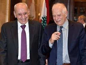 This handout picture provided by the Lebanese Parliament shows Lebanon's Parliament Speaker Nabih Berri, right, receiving Josep Borrell, High Representative of the European Union for Foreign Affairs and Security Policy, in Beirut on Saturday, Jan. 6, 2024. Borrell on Saturday warned against a regional conflict that would involve Lebanon, as border clashes intensified nearly three months into Israel's war with Hezbollah ally Hamas.