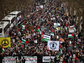 Activists and supporters wave flags and carry placards during a National March for Palestine in central London on Jan. 13, 2024.