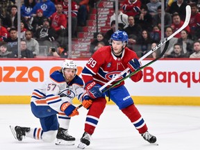 Canadiens' Joshua Roy (89) skates in his first career NHL game against James Hamblin of the Edmonton Oilers at the Bell Centre on Saturday, Jan. 13, 2024, in Montreal.