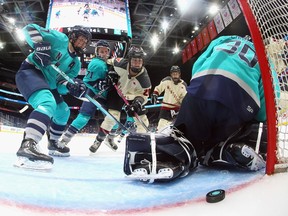 A photo from inside the net shows the puck just crossing the line behind New York's goaltender with players crowding around her