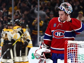 Canadiens goaltender Sam Montembeault reacts after Brandon Carlo of the Boston Bruins scored against him during the first period at TD Garden on Saturday, Jan. 20, 2024, in Boston.