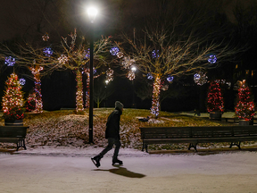A person skating on an outdoor rink at night in front of trees with Christmas lights