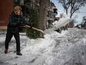 A man shovels snow from around a tree on a city sidewalk in a residential area