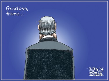 An Aislin cartoon showing Brian Mulroney from behind, with a caption reading 'Goodbye, friend...'