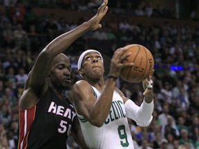 Joel Anthony still fondly remembers all the veteran players who helped him through his NBA career and the local stars who inspired him as a young kid growing up in Montreal. Now he wants to do the same. Boston Celtics guard Rajon Rondo (9) looks to shoot past Anthony (50), then with the Miami Heat, during the first quarter of Game 3 in of the NBA basketball playoffs Eastern Conference finals in Boston on Friday, June 1, 2012.