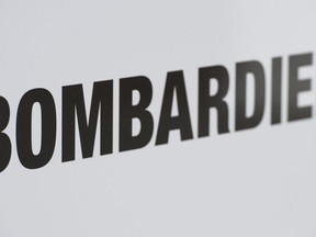 A Bombardier logo is shown at a Bombardier assembly plant in Mirabel.