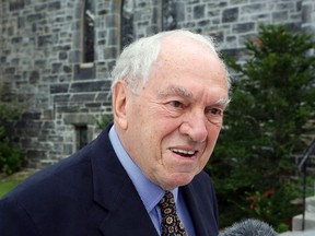 Ed Broadbent attends the funeral service of former Conservative cabinet minister Flora MacDonald in Ottawa, Sunday, Aug. 2, 2015.
