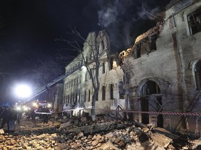 An apartment building damaged in a Russian rocket attack is seen in Kharkiv, Ukraine, in a Wednesday, Jan. 17, 2024, handout photo.